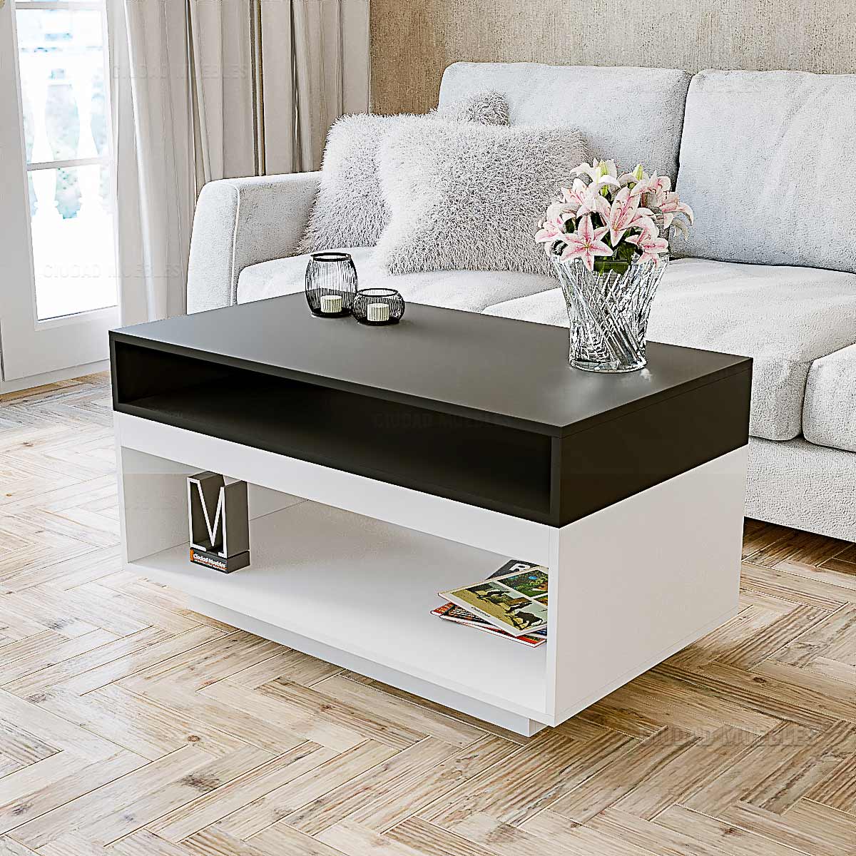 Mesa Ratona Elevable 90x50cm Blanco Negro - Imagen 2