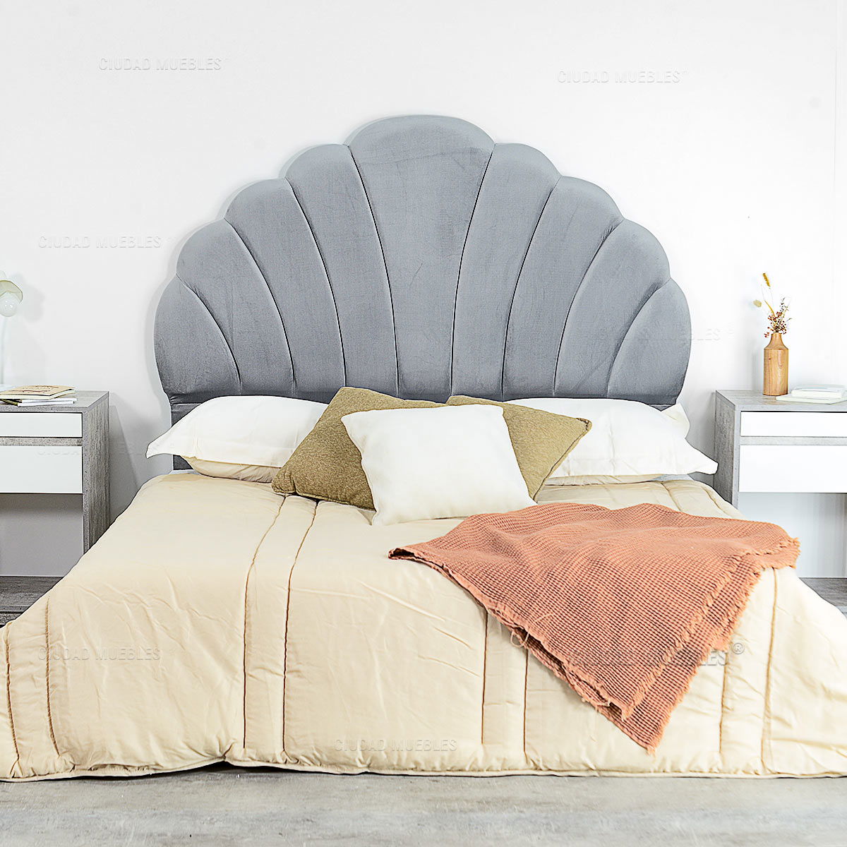 Respaldo Tapizado Terciopelo Redondo Gris