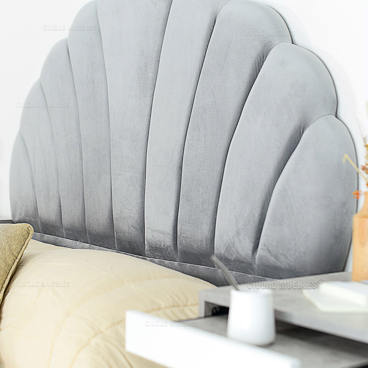 Respaldo Redondo Tapizado Terciopelo Gris 140 cm - Imagen 9