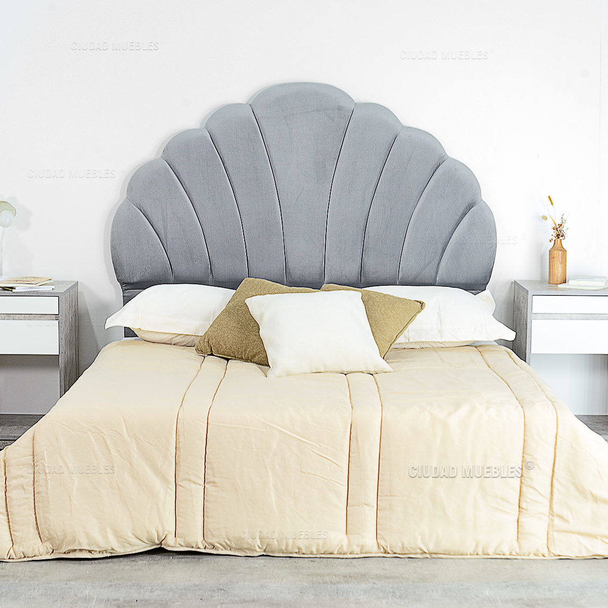 Respaldo Redondo Tapizado Terciopelo Gris 140 cm - Imagen 2