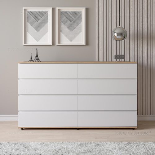 Cómoda Dormitorio 8 cajones 160x92cm Madera Natural Blanco