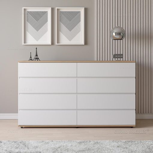 Cómoda Dormitorio 8 cajones 160x92cm Madera Natural Blanco
