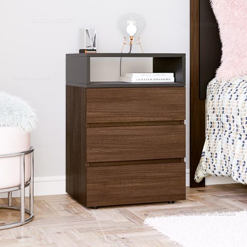 Mesa de luz moderna Meier con cajones y estante Nogal Gris