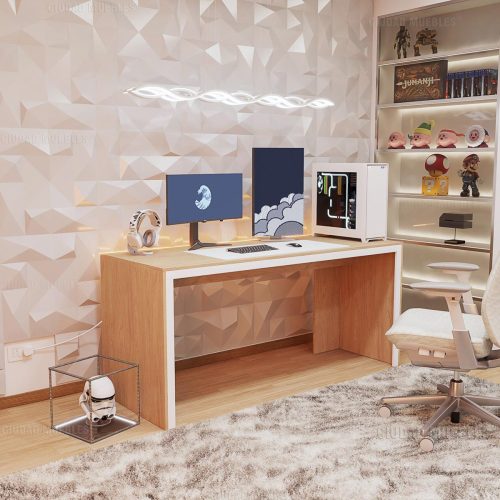 Escritorio Gamer Pc Bandeja Pasacables 170cm Madera Natural Blanco