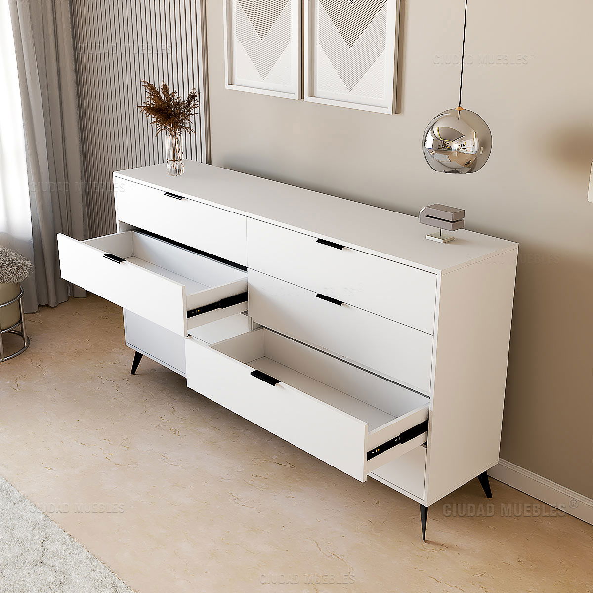 CÓMODA CON TIRADORES Y PATAS ALTAS