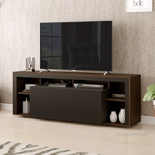 Mesa Mueble de Tv 160 cm Puerta Batiente Wengue detalles Negro