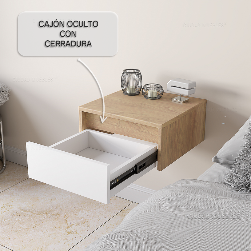 Caja de seguridad, mesa de luz flotante con cajón oculto y cerradura - Imagen 5