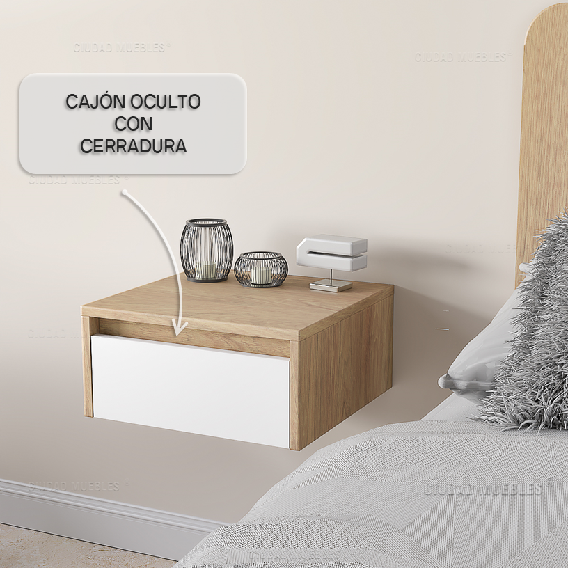 Caja de seguridad, mesa de luz flotante con cajón oculto y cerradura