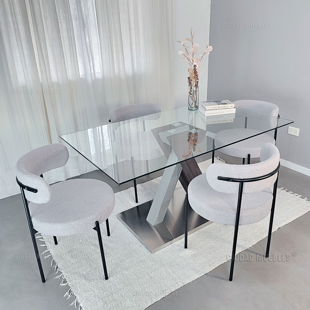 Silla Comedor Tapizada Tela Bouclé Gris Diseño Nórdico - Imagen 4