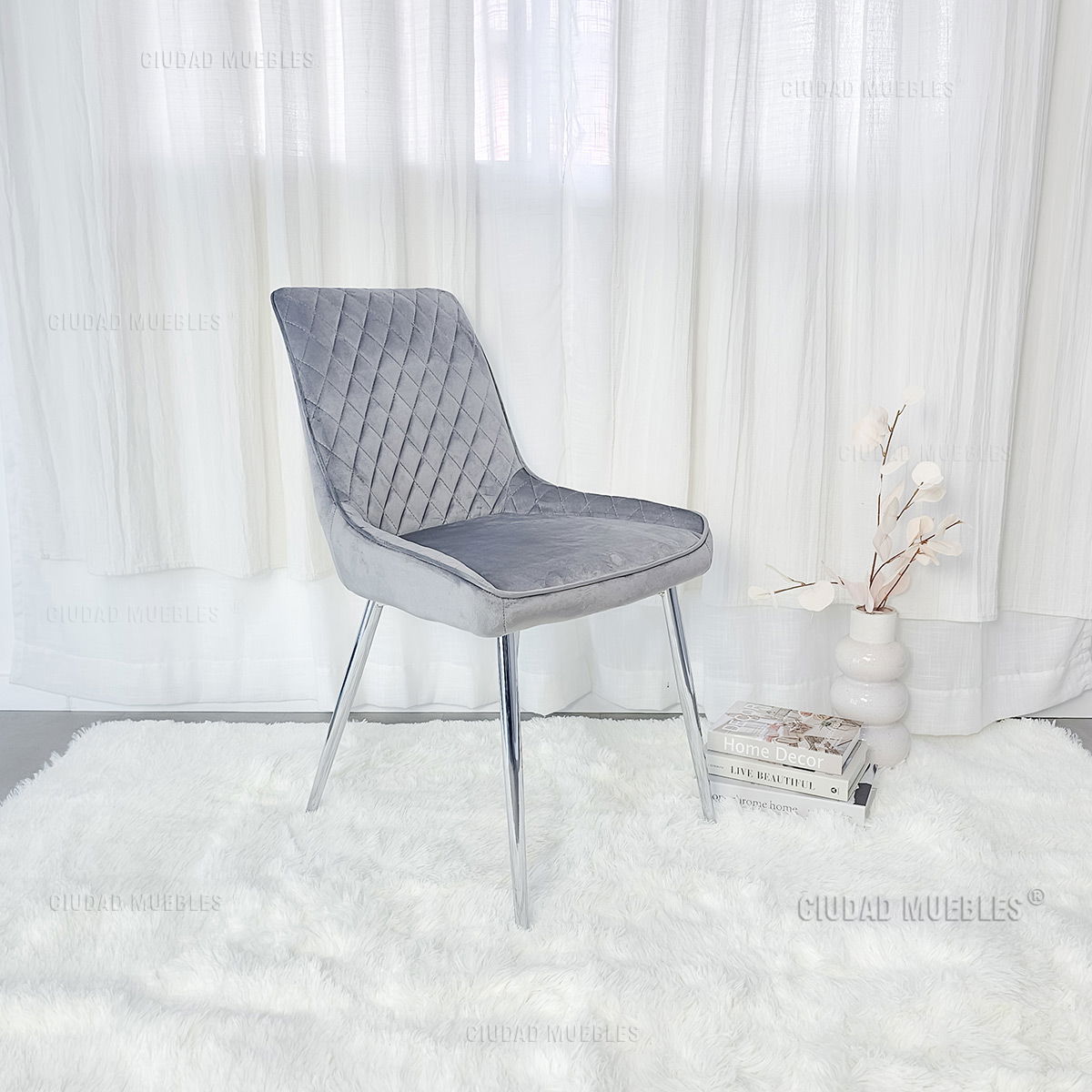 Silla Comedor Tapizada Terciopelo Gris Patas Cromadas - Imagen 4