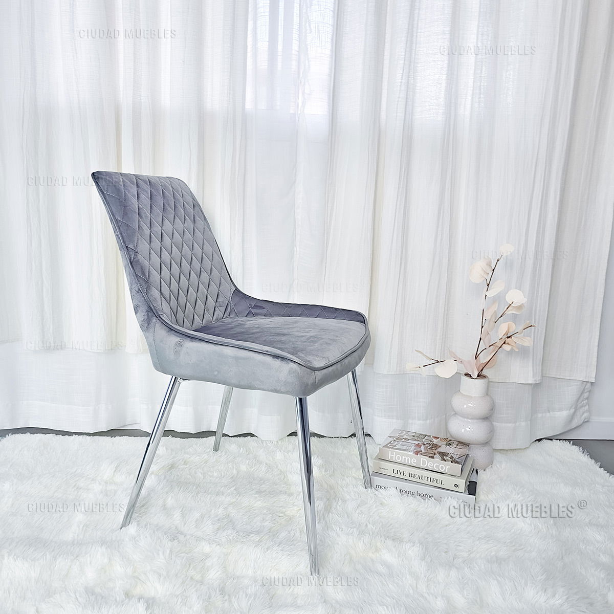 Silla Comedor Tapizada Terciopelo Gris Patas Cromadas - Imagen 5