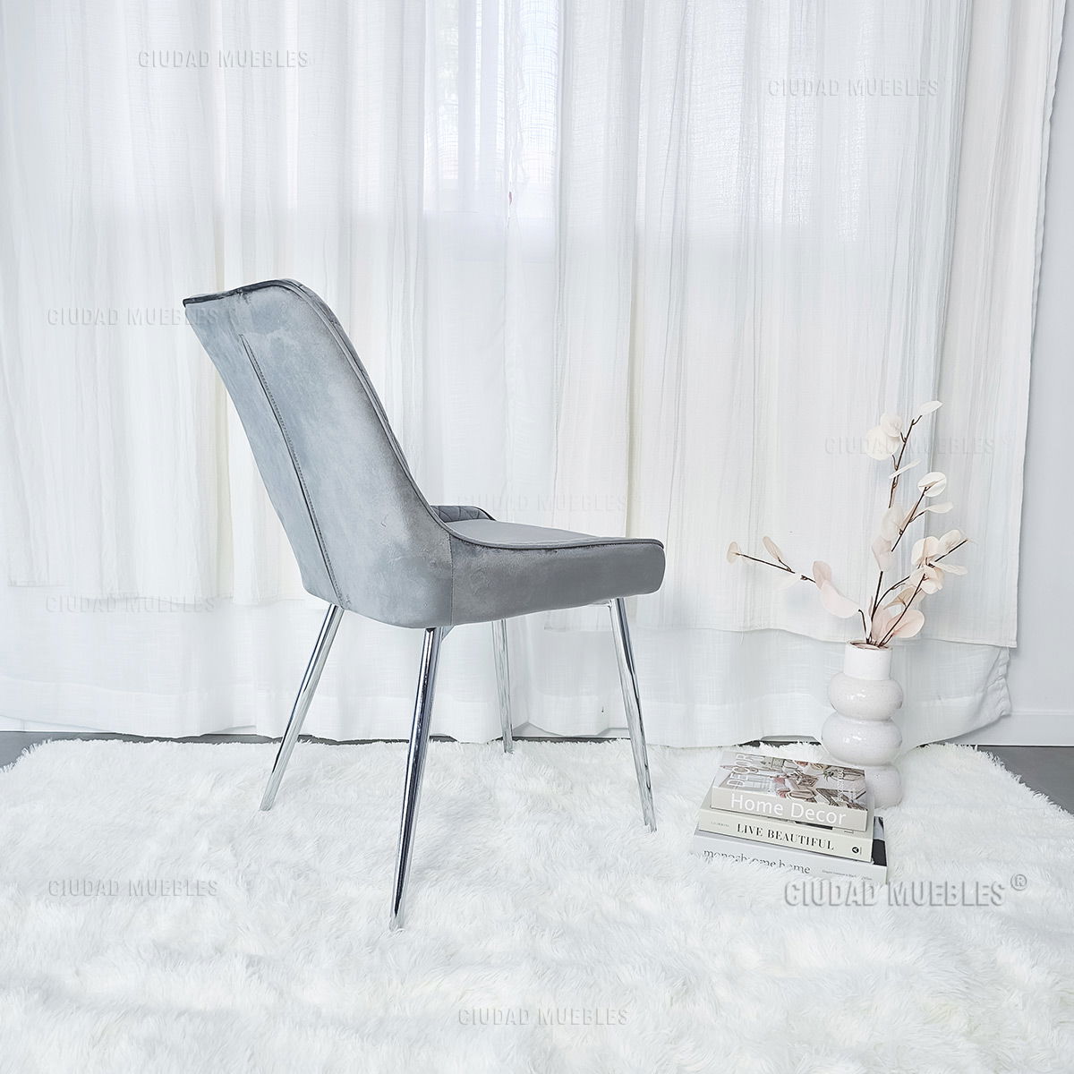 Silla Comedor Tapizada Terciopelo Gris Patas Cromadas - Imagen 6
