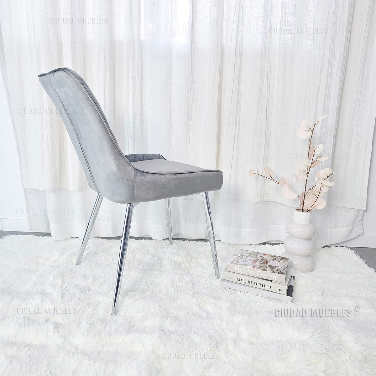 Silla Comedor Tapizada Terciopelo Gris Patas Cromadas - Imagen 7