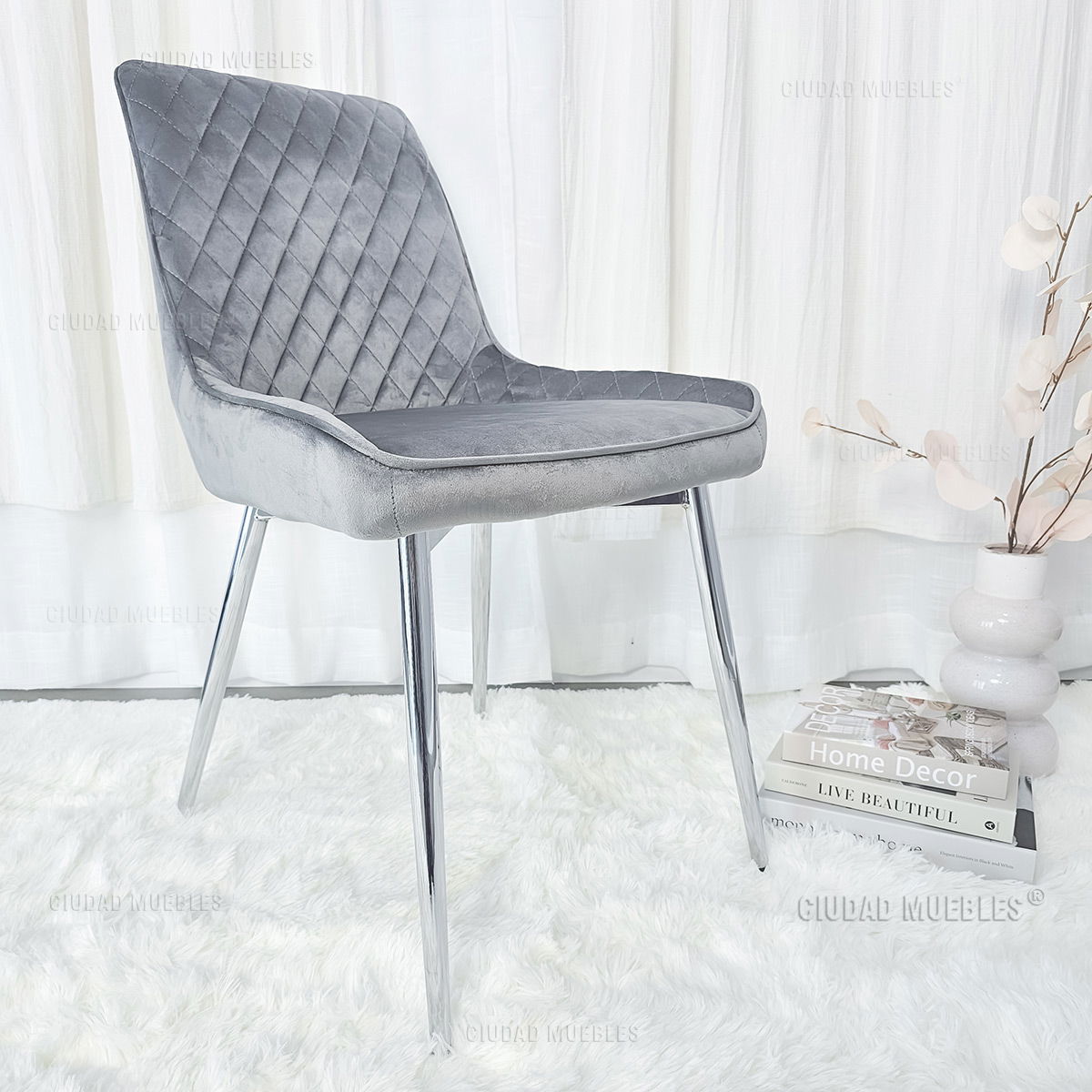 Silla Comedor Tapizada Terciopelo Gris Patas Cromadas - Imagen 2