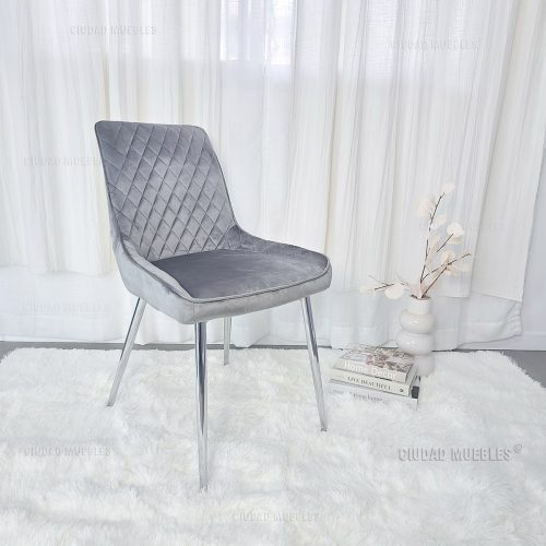 Silla Comedor Tapizada Terciopelo Gris Patas Cromadas