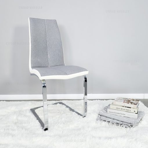 Silla De Comedor Tapizada En Tela Chenille y Ecocuero Con Base Cromada