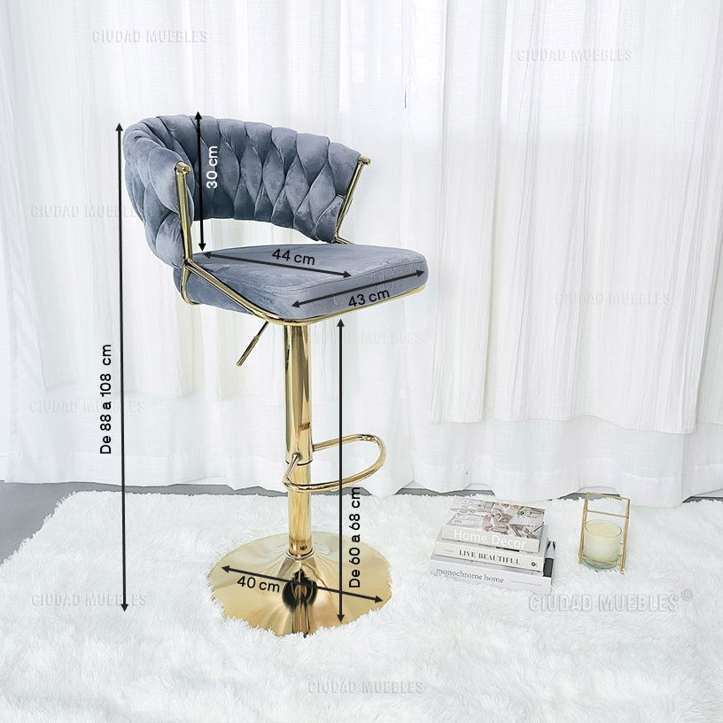 Banqueta Alta Giratoria Terciopelo Gris y Dorada - Imagen 9