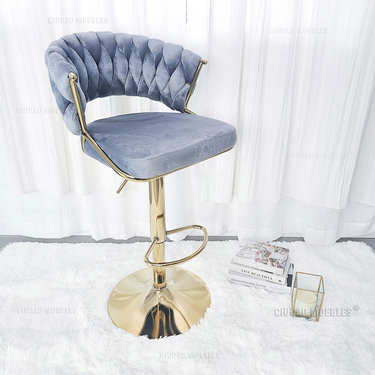 Banqueta Alta Giratoria Terciopelo Gris y Dorada - Imagen 2