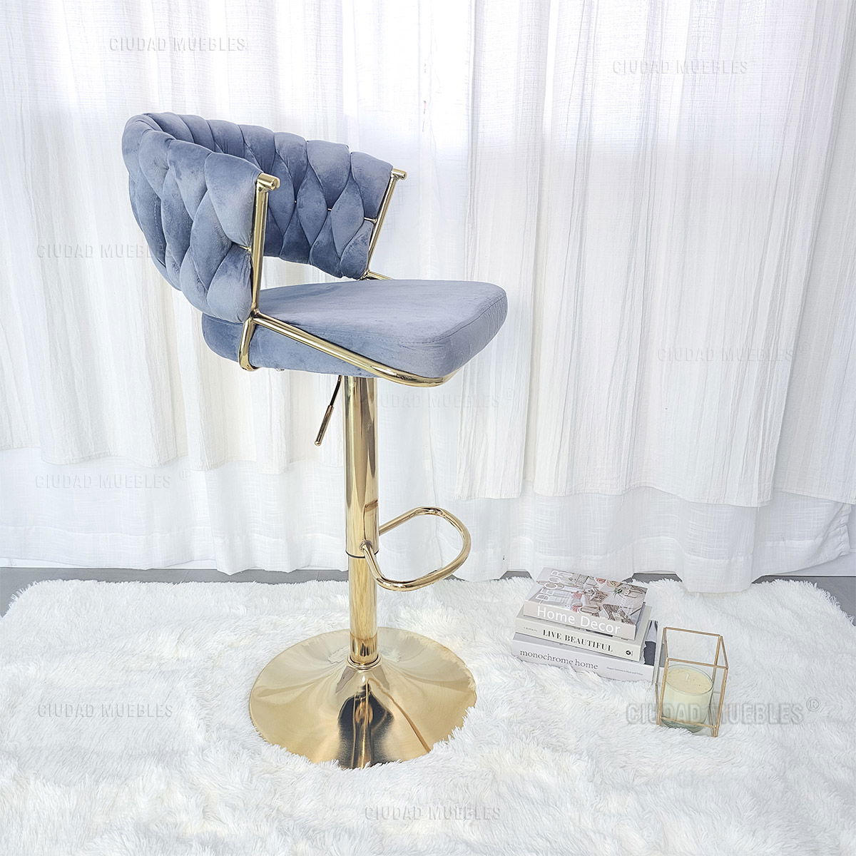 Banqueta Alta Giratoria Terciopelo Gris y Dorada - Imagen 3