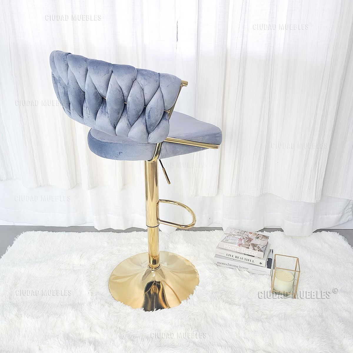Banqueta Alta Giratoria Terciopelo Gris y Dorada - Imagen 4
