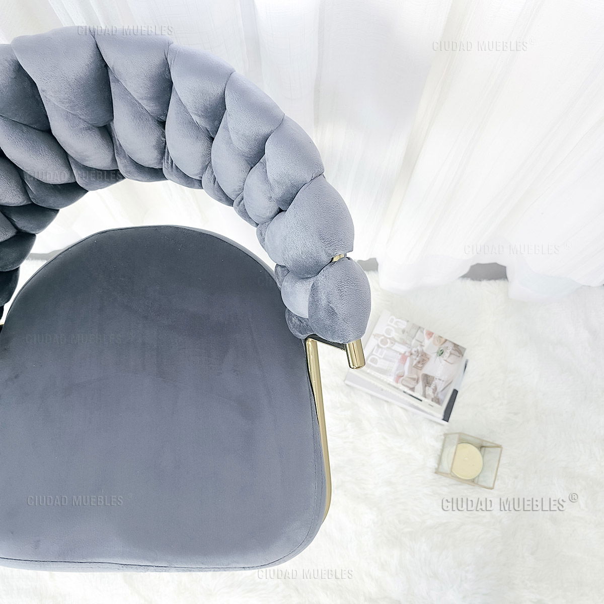 Banqueta Alta Giratoria Terciopelo Gris y Dorada - Imagen 7