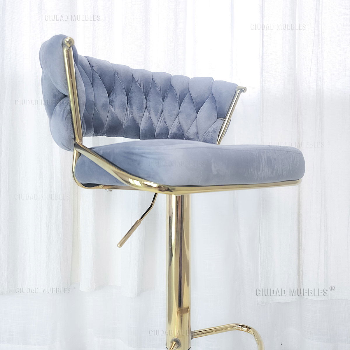 Banqueta Alta Giratoria Terciopelo Gris y Dorada - Imagen 5