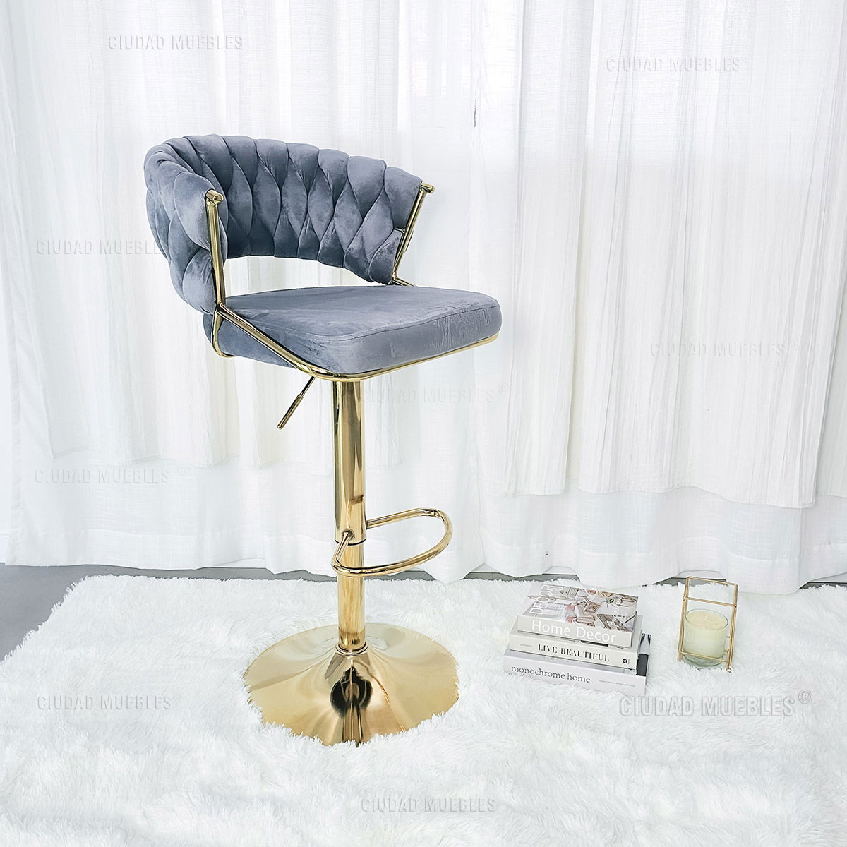 Banqueta Alta Giratoria Terciopelo Gris y Dorada