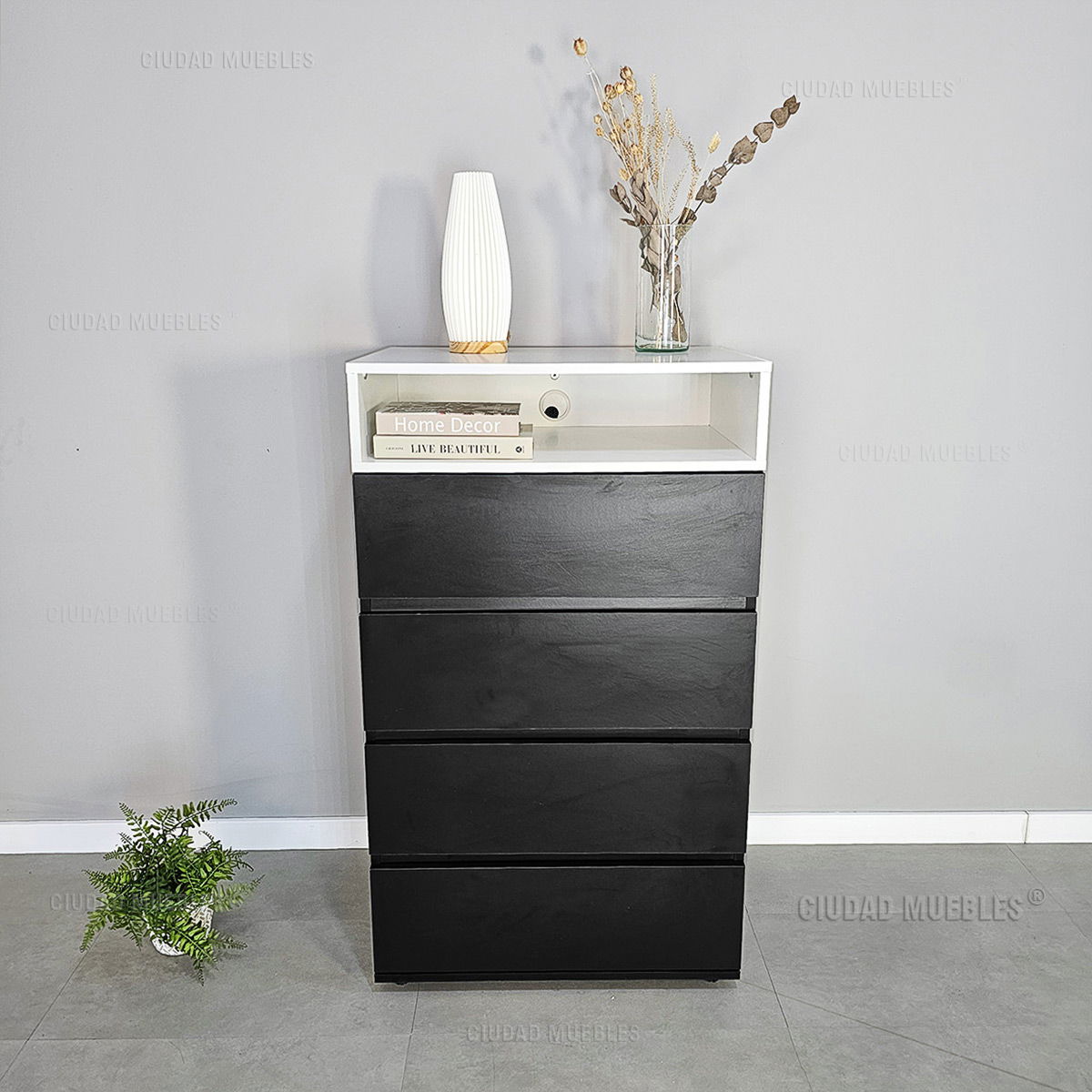 Chifonier 4 Cajones Con Estante Modelo Meier en Negro y Blanco - Imagen 5
