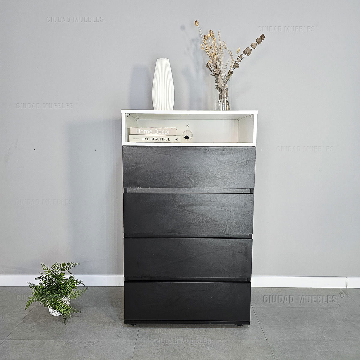 Chifonier 4 Cajones Con Estante Modelo Meier en Negro y Blanco - Imagen 4