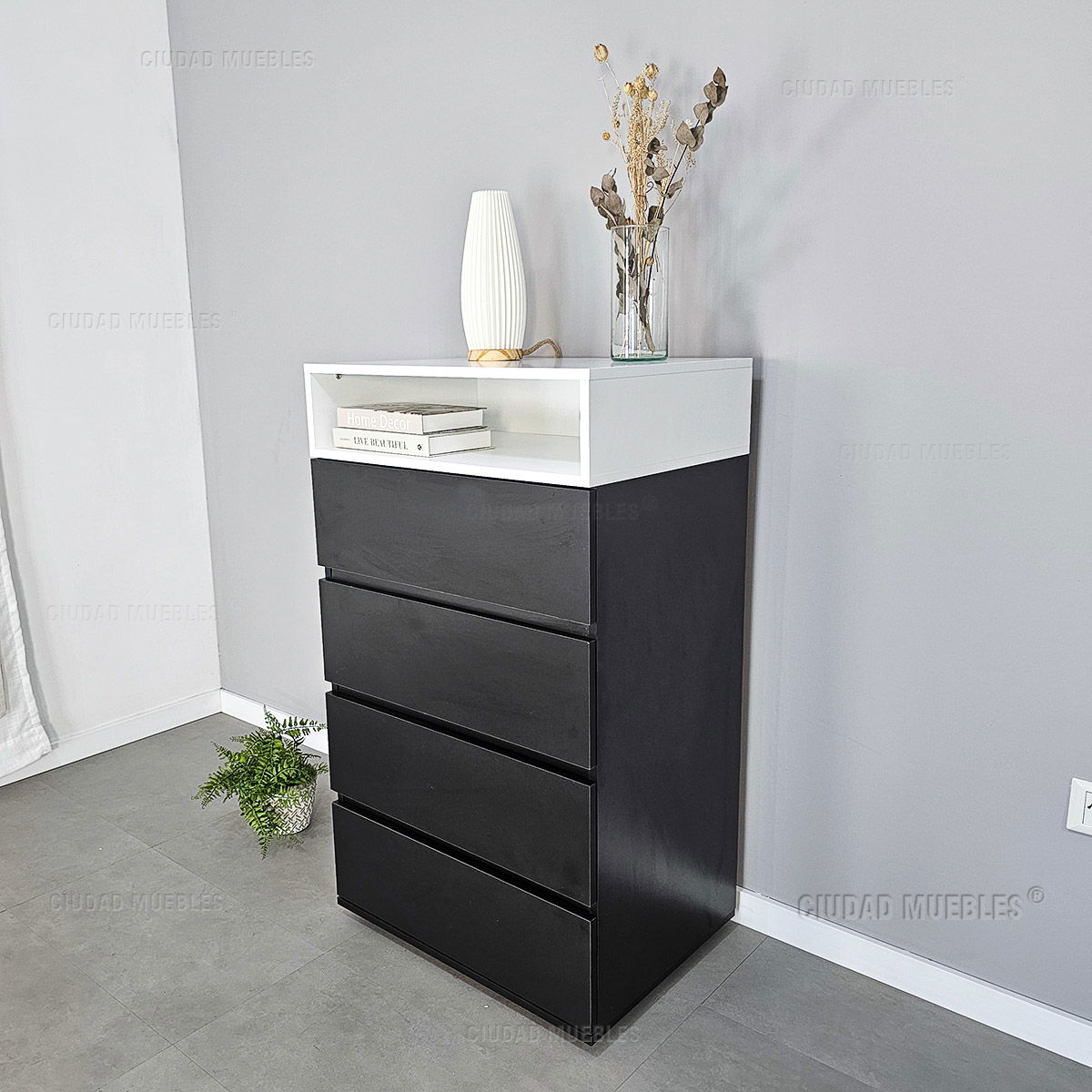 Chifonier 4 Cajones Con Estante Modelo Meier en Negro y Blanco - Imagen 3