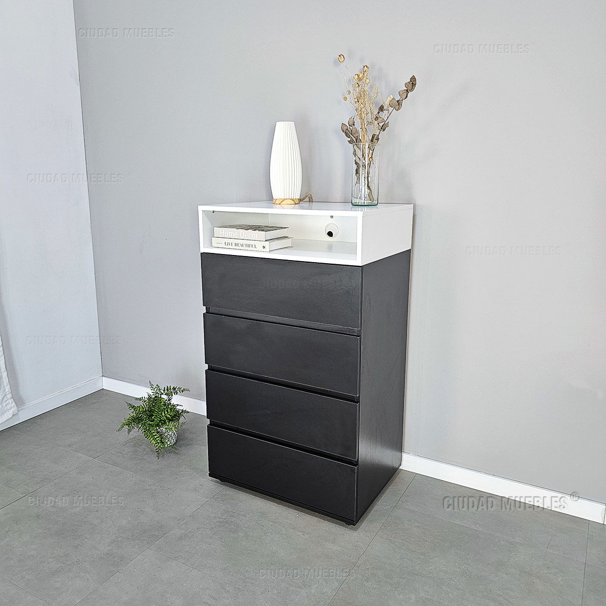 Chifonier 4 Cajones Con Estante Modelo Meier en Negro y Blanco - Imagen 2