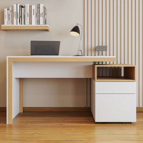 Escritorio nórdico blanco y madera natural con archivero y cajón profundo, marca Ciudad Muebles.