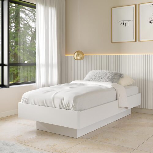 Base de sommier premium Halo 190x200 color blanco con efecto flotante y esquinas biseladas.