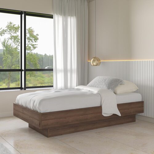 Base de cama Halo color nogal oscuro con efecto flotante y estructura robusta.