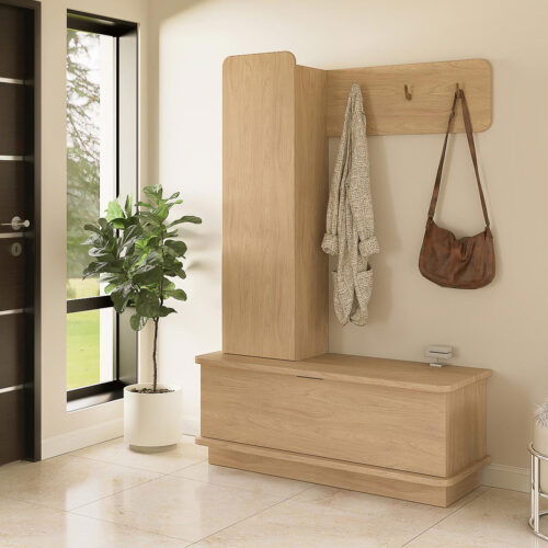 Mueble recibidor perchero con zapatero y asiento modelo Nube color madera natural 120cm de Ciudad Muebles