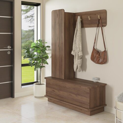 Mueble recibidor perchero con zapatero y asiento modelo Nube color nogal 120cm de Ciudad Muebles