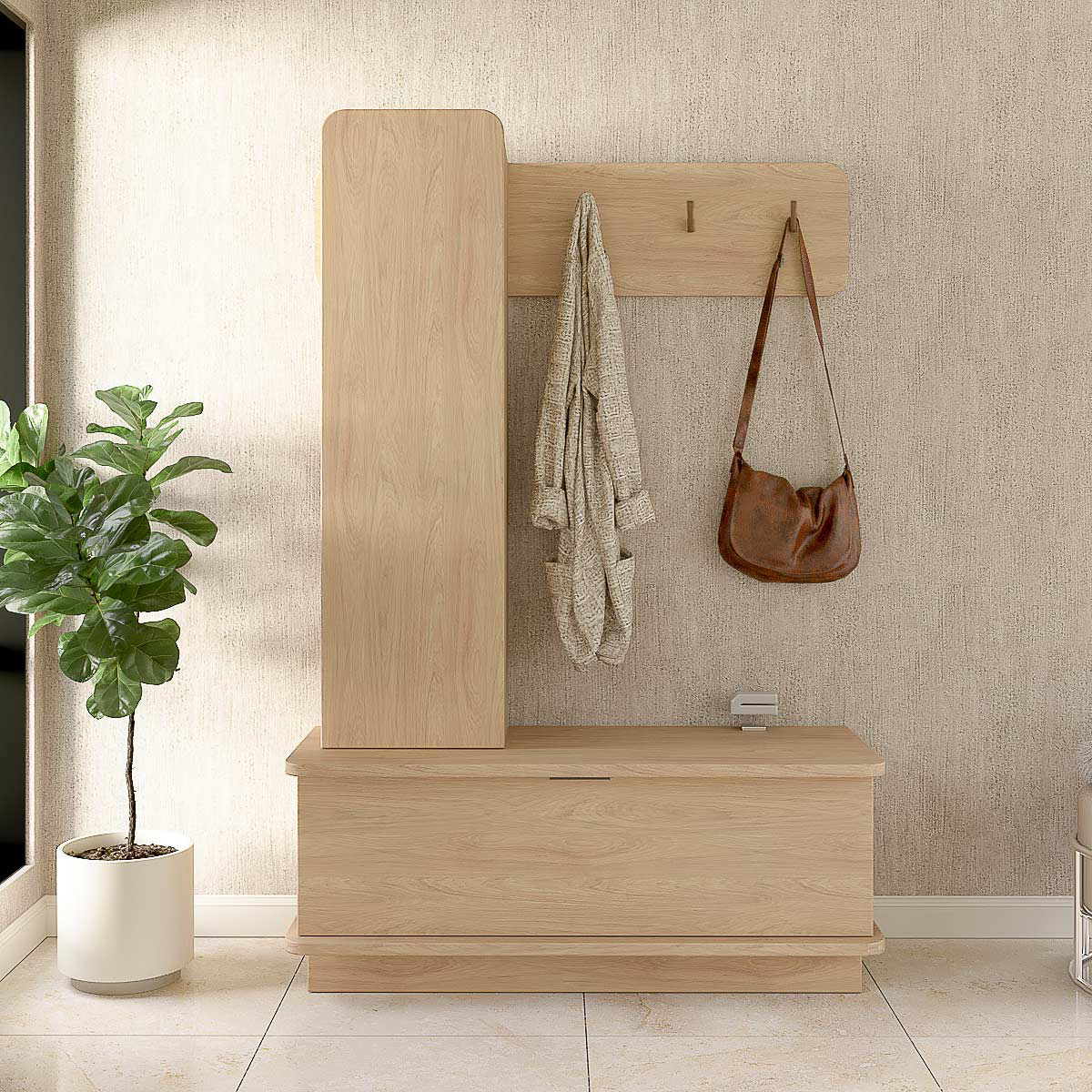 Mueble recibidor de melamina color madera natural con perchero de pared y banco de apoyo. Modelo "Nube" con puerta de Ciudad Muebles.